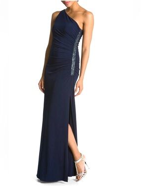Laundry By Shelli Segal Navy One-Shoulder Evening Gown with Side Sequin Panel